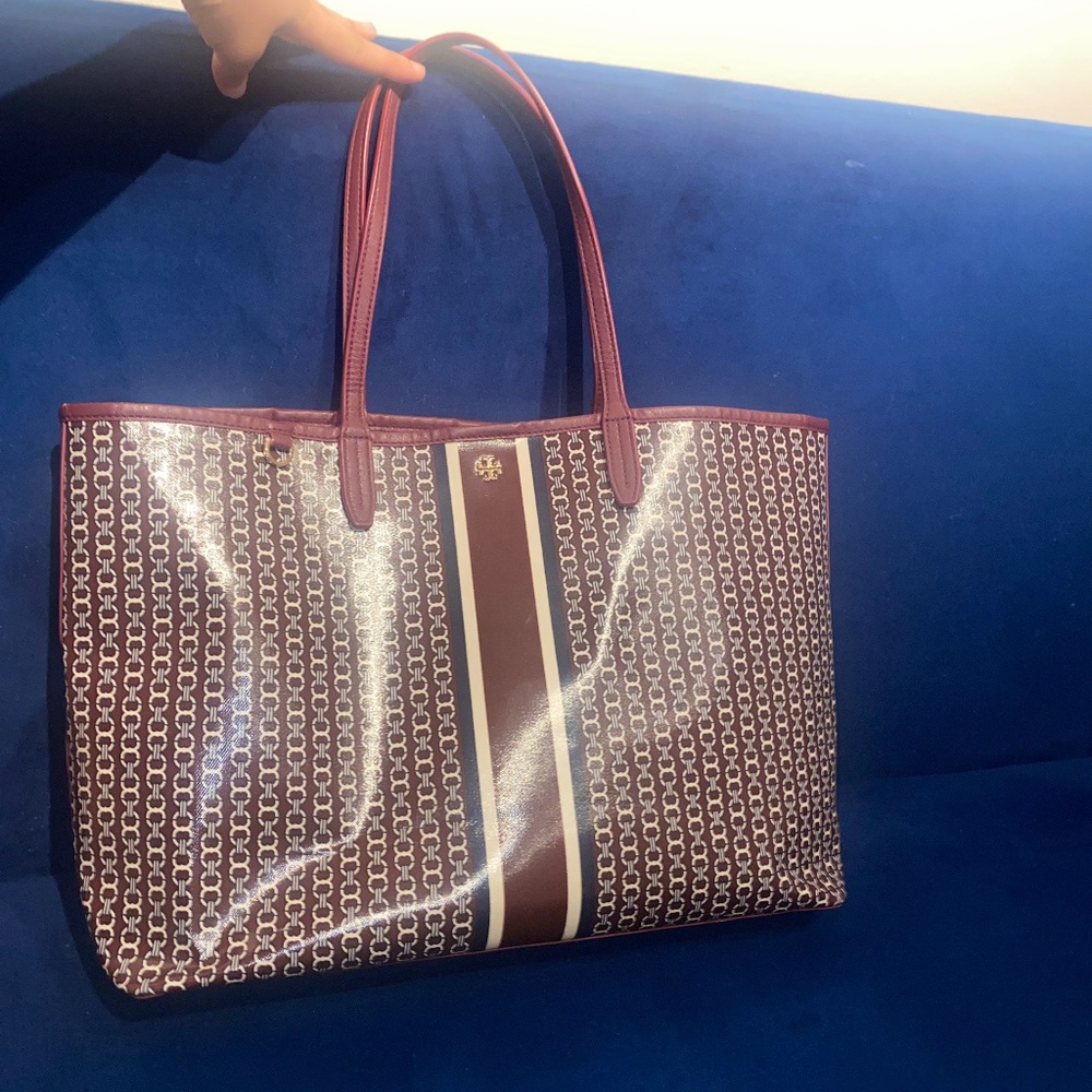 Tory Burch Burgundy Coated Canvas Tote